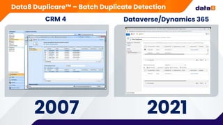 CRM 4 Dataverse/Dynamics 365
2021
2007
Data8 Duplicare™ – Batch Duplicate Detection
 