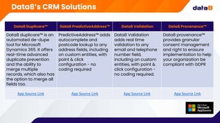 Data8 Duplicare™ Data8 PredictiveAddress™ Data8 Validation Data8 Provenance™
Data8 duplicare™ is an
automated de-dupe
tool for Microsoft
Dynamics 365. It offers
real-time advanced
duplicate prevention
and the ability to
merge multiple
records, which also has
the option to merge all
fields too.
PredictiveAddress™ adds
autocomplete and
postcode lookup to any
address fields, including
on custom entities, with
point & click
configuration - no
coding required
Data8 Validation
adds real time
validation to any
email and telephone
number field,
including on custom
entities, with point &
click configuration -
no coding required.
Data8 provenance™
provides granular
consent management
and right to erasure
implementation to help
your organization be
compliant with GDPR
App Source Link App Source Link App Source Link App Source Link
Data8’s CRM Solutions
 