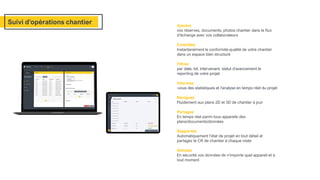 Ajoutez
vos réserves, documents, photos chantier dans le flux
d’échange avec vos collaborateurs
Contrôlez
Instantanément la conformité-qualité de votre chantier
dans un espace bien structuré
Filtrez
par date, lot, intervenant, statut d’avancement le
reporting de votre projet
Informez
-vous des statistiques et l’analyse en temps réel du projet
Naviguez
Fluidement aux plans 2D et 3D de chantier à jour
Partagez
En temps réel parmi tous appareils des
plans/documents/données
Rapportez
Automatiquement l’état de projet en tout détail et
partagez le CR de chantier à chaque visite
Stockez
En sécurité vos données de n’importe quel appareil et à
tout moment
Suivi d’opérations chantier
 