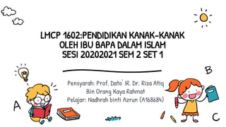 LMCP 1602:PENDIDIKAN KANAK-KANAK
OLEH IBU BAPA DALAM ISLAM
SESI 20202021 SEM 2 SET 1
Pensyarah: Prof. Dato' IR. Dr. Riza Atiq
Bin Orang Kaya Rahmat
Pelajar: Nadhrah binti Azrun (A168684)
 