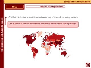 Mito de las ampliaciones.Mitos
Sociedad de la Información
~ No es tener más acceso a la información, sino saber qué hacer y saber valorar y distinguir.
 Posibilidad de distribuir una gran información a un mayor número de personas y contextos.
TICaplicadasalaEducaciónInfantil
 