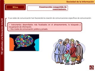 Construcción compartida de
conocimiento.
Mitos
Sociedad de la Información
~ Instrumentos desarrollados más focalizados en el almacenamiento, la búsqueda y
recuperación de información.
~ Dos niveles de comunicación: público y privado.
 Las redes de comunicación han favorecido la creación de comunicaciones específicas de comunicación.
TICaplicadasalaEducaciónInfantil
 