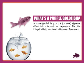 A purple goldfish is your one (or more) signature
differentiators in customer experience. The little
things that help you ...