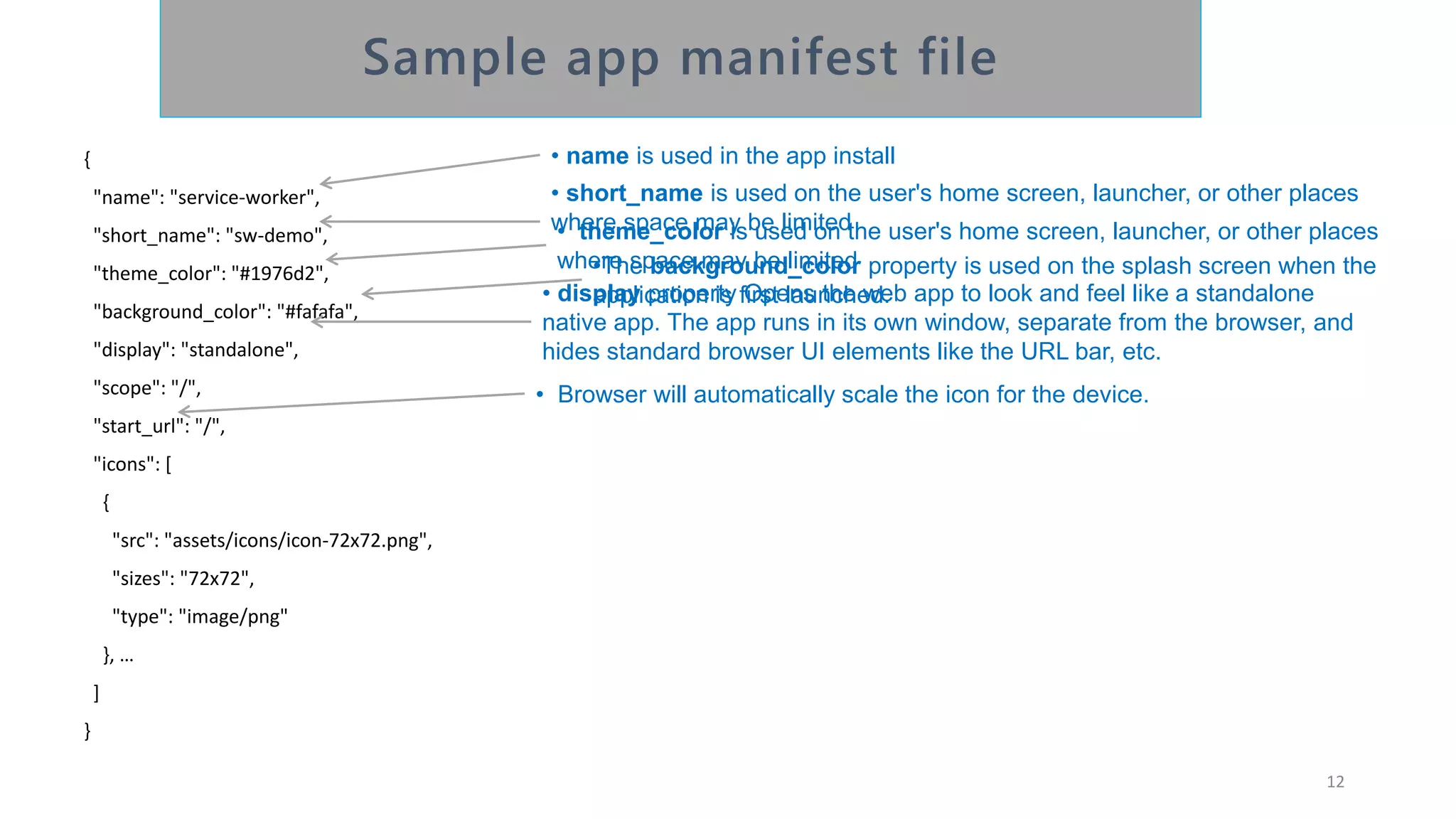 {
"name": "service-worker",
"short_name": "sw-demo",
"theme_color": "#1976d2",
"background_color": "#fafafa",
"display": "standalone",
"scope": "/",
"start_url": "/",
"icons": [
{
"src": "assets/icons/icon-72x72.png",
"sizes": "72x72",
"type": "image/png"
}, …
]
}
12
• short_name is used on the user's home screen, launcher, or other places
where space may be limited
• name is used in the app install
• theme_color is used on the user's home screen, launcher, or other places
where space may be limited•The background_color property is used on the splash screen when the
application is first launched.• display property Opens the web app to look and feel like a standalone
native app. The app runs in its own window, separate from the browser, and
hides standard browser UI elements like the URL bar, etc.
• Browser will automatically scale the icon for the device.
 