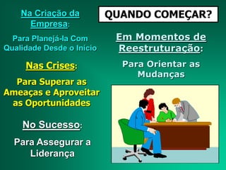 QUANDO COMEÇAR?Na Criação da
Empresa:
Para Planejá-la Com
Qualidade Desde o Início
Em Momentos de
Reestruturação:
Para Orientar as
Mudanças
Nas Crises:
Para Superar as
Ameaças e Aproveitar
as Oportunidades
No Sucesso:
Para Assegurar a
Liderança
 