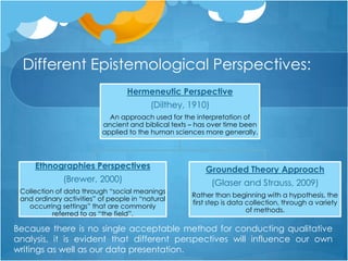 Different Epistemological Perspectives:
Because there is no single acceptable method for conducting qualitative
analysis, it is evident that different perspectives will influence our own
writings as well as our data presentation.
Hermeneutic Perspective
(Dilthey, 1910)
An approach used for the interpretation of
ancient and biblical texts – has over time been
applied to the human sciences more generally.
Ethnographies Perspectives
(Brewer, 2000)
Collection of data through “social meanings
and ordinary activities” of people in “natural
occurring settings” that are commonly
referred to as “the field”.
Grounded Theory Approach
(Glaser and Strauss, 2009)
Rather than beginning with a hypothesis, the
first step is data collection, through a variety
of methods.
 