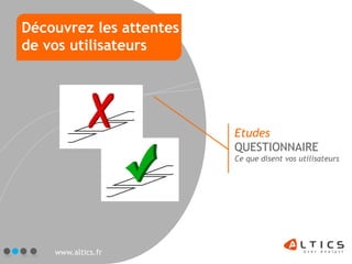 Découvrez les attentes
de vos utilisateurs




                         Etudes
                         QUESTIONNAIRE
                         Ce que disent vos utilisateurs




    www.altics.fr
 