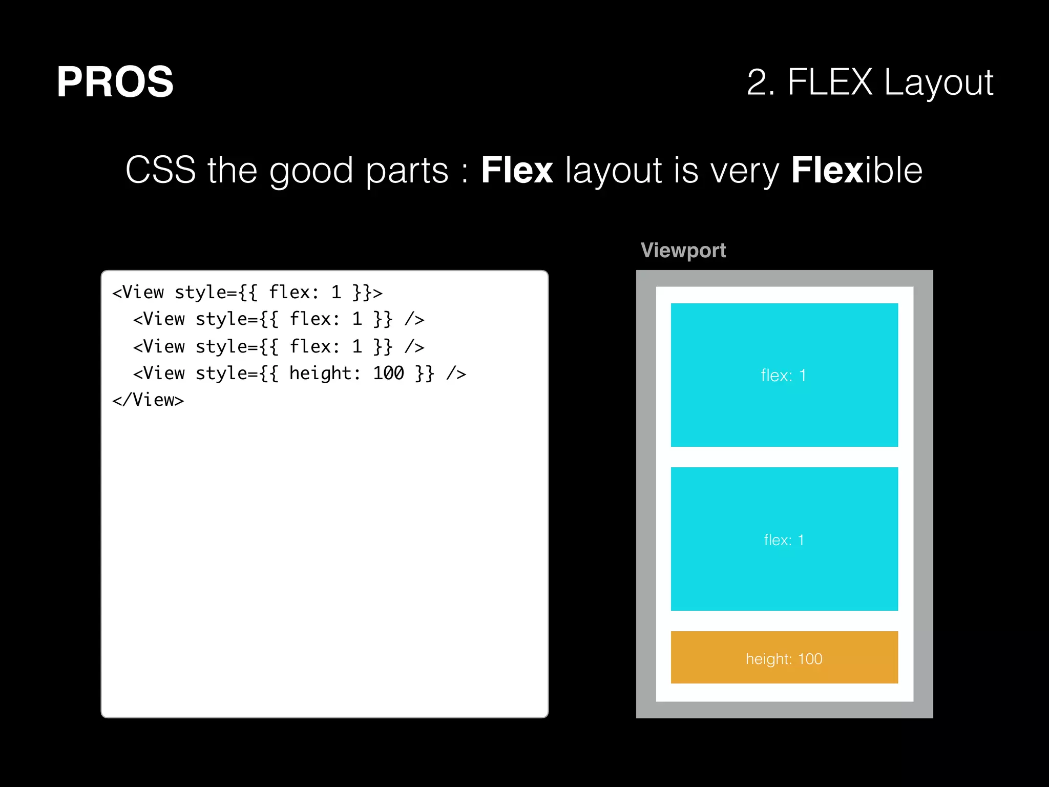 PROS 2. FLEX Layout
CSS the good parts : Flex layout is very Flexible
<View style={{ flex: 1 }}>
<View style={{ flex: 1 }} />
<View style={{ flex: 1 }} />
<View style={{ height: 100 }} />
</View>
height: 100
ﬂex: 1
ﬂex: 1
Viewport
 