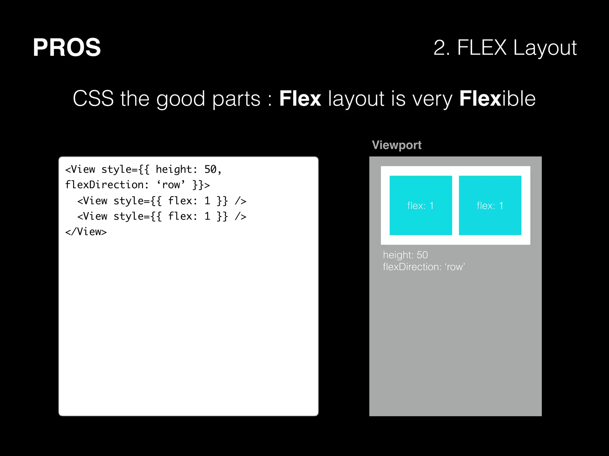 PROS 2. FLEX Layout
CSS the good parts : Flex layout is very Flexible
ﬂex: 1 ﬂex: 1
Viewport
<View style={{ height: 50,
flexDirection: ‘row’ }}>
<View style={{ flex: 1 }} />
<View style={{ flex: 1 }} />
</View>
height: 50
ﬂexDirection: ‘row’
 