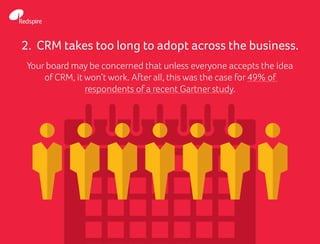 2. CRM takes too long to adopt across the business.
Your board may be concerned that unless everyone accepts the idea
of CRM, it won’t work. After all, this was the case for 49% of
respondents of a recent Gartner study.
 