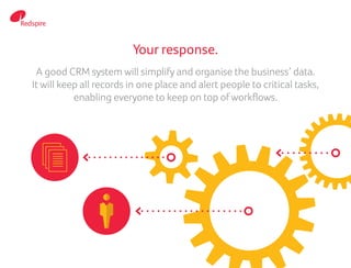 Your response.
A good CRM system will simplify and organise the business’ data.
It will keep all records in one place and alert people to critical tasks,
enabling everyone to keep on top of workflows.
 