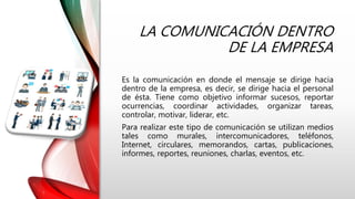 LA COMUNICACIÓN DENTRO
DE LA EMPRESA
Es la comunicación en donde el mensaje se dirige hacia
dentro de la empresa, es decir, se dirige hacia el personal
de ésta. Tiene como objetivo informar sucesos, reportar
ocurrencias, coordinar actividades, organizar tareas,
controlar, motivar, liderar, etc.
Para realizar este tipo de comunicación se utilizan medios
tales como murales, intercomunicadores, teléfonos,
Internet, circulares, memorandos, cartas, publicaciones,
informes, reportes, reuniones, charlas, eventos, etc.
 