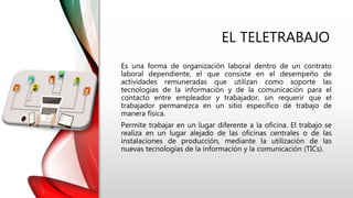 EL TELETRABAJO
Es una forma de organización laboral dentro de un contrato
laboral dependiente, el que consiste en el desempeño de
actividades remuneradas que utilizan como soporte las
tecnologías de la información y de la comunicación para el
contacto entre empleador y trabajador, sin requerir que el
trabajador permanezca en un sitio específico de trabajo de
manera física.
Permite trabajar en un lugar diferente a la oficina. El trabajo se
realiza en un lugar alejado de las oficinas centrales o de las
instalaciones de producción, mediante la utilización de las
nuevas tecnologías de la información y la comunicación (TICs).
 