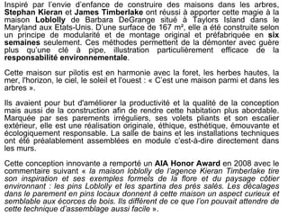 Inspiré par l’envie d’enfance de construire des maisons dans les arbres,
Stephan Kieran et James Timberlake ont réussi à apporter cette magie à la
maison Loblolly de Barbara DeGrange situé à Taylors Island dans le
Maryland aux Etats-Unis. D’une surface de 167 m², elle a été construite selon
un principe de modularité et de montage original et préfabriquée en six
semaines seulement. Ces méthodes permettent de la démonter avec guère
plus qu’une clé à pipe, illustration particulièrement efficace de la
responsabilité environnementale.
Cette maison sur pilotis est en harmonie avec la foret, les herbes hautes, la
mer, l'horizon, le ciel, le soleil et l'ouest : « C’est une maison parmi et dans les
arbres ».
Ils avaient pour but d'améliorer la productivité et la qualité de la conception
mais aussi de la construction afin de rendre cette habitation plus abordable.
Marquée par ses parements irréguliers, ses volets pliants et son escalier
extérieur, elle est une réalisation originale, éthique, esthétique, émouvante et
écologiquement responsable. La salle de bains et les installations techniques
ont été préalablement assemblées en module c’est-à-dire directement dans
les murs.
Cette conception innovante a remporté un AIA Honor Award en 2008 avec le
commentaire suivant « la maison loblolly de l’agence Kieran Timberlake tire
son inspiration et ses exemples formels de la flore et du paysage côtier
environnant : les pins Loblolly et les spartina des prés salés. Les décalages
dans le parement en pins locaux donnent à cette maison un aspect curieux et
semblable aux écorces de bois. Ils différent de ce que l’on pouvait attendre de
cette technique d’assemblage aussi facile ».
 
