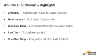 Attunity CloudBeam – Highlights
• Simplicity – Automated, “Click-to-Load” Solution
• Performance – Optimized data transfer
• Real-time Data – Incremental/Continuous data loads
• Free Trial – “Try before you Buy”
• One-Stop Shop – Integrated into the AWS Redshift
16
 
