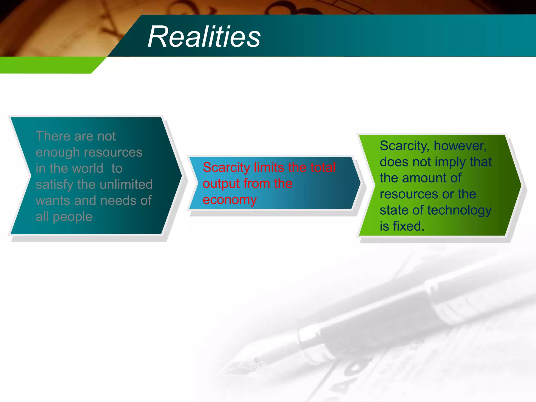 Realities

There are not
enough resources
in the world to
satisfy the unlimited
wants and needs of
all people

Scarcity limits the total
output from the
economy

Scarcity, however,
does not imply that
the amount of
resources or the
state of technology
is fixed.

 