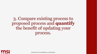 3. Compare existing process to
proposed process and quantify
the benefit of updating your
process.
{Software for the Workforce on the Move}
 