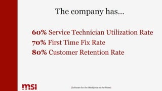 {Software for the Workforce on the Move}
The company has…
60% Service Technician Utilization Rate
70% First Time Fix Rate
80% Customer Retention Rate
 