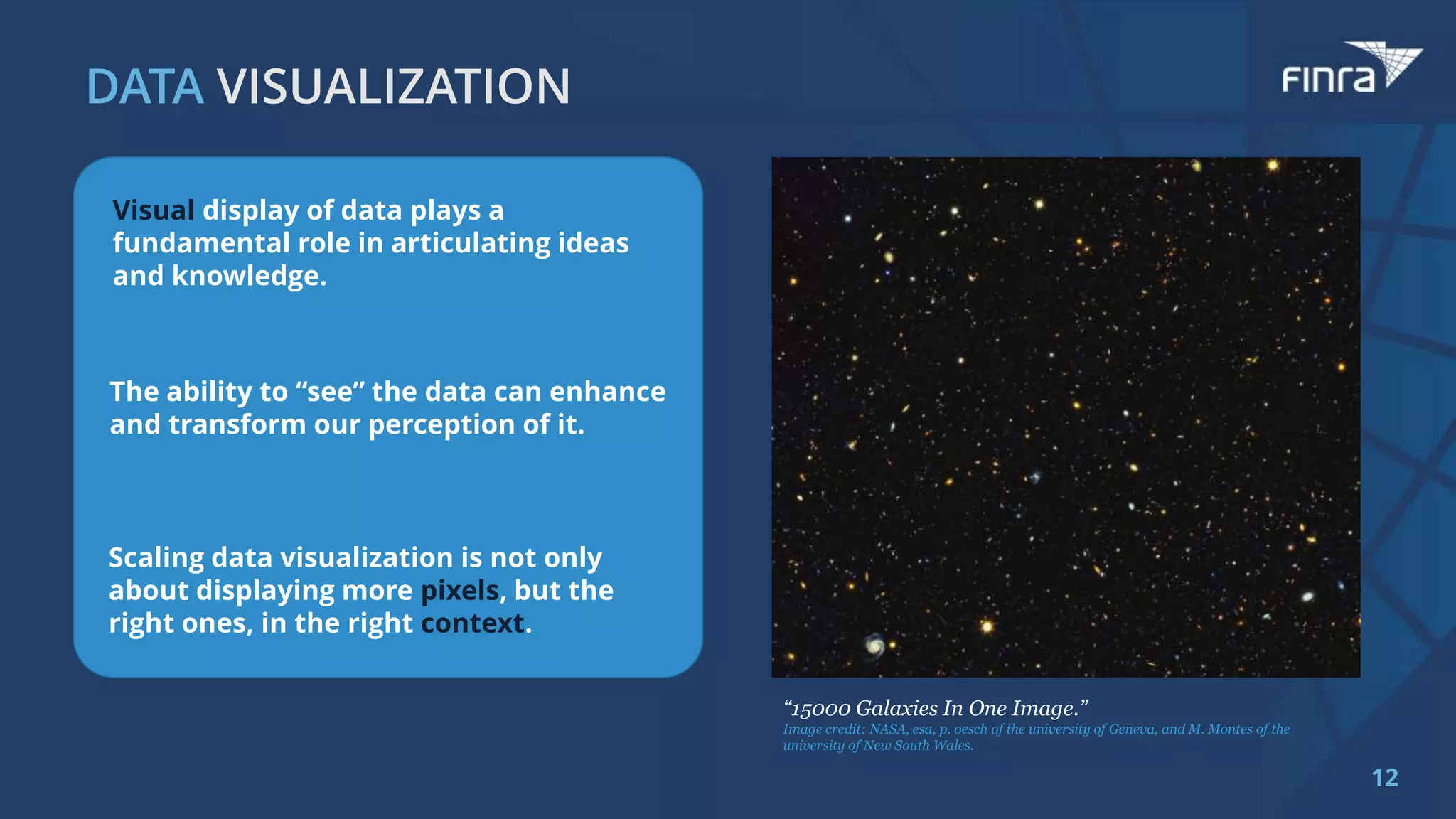 Visual display of data plays a
fundamental role in articulating ideas
and knowledge.
The ability to “see” the data can enhance
and transform our perception of it.
Scaling data visualization is not only
about displaying more pixels, but the
right ones, in the right context.
“15000 Galaxies In One Image.”
Image credit: NASA, esa, p. oesch of the university of Geneva, and M. Montes of the
university of New South Wales.
12
 