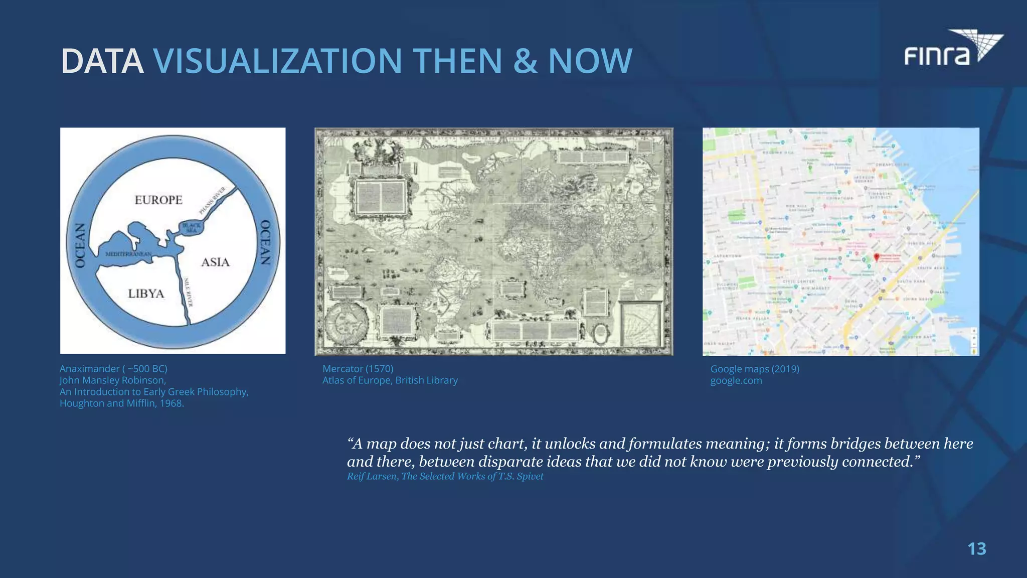 13
Anaximander ( ~500 BC)
John Mansley Robinson,
An Introduction to Early Greek Philosophy,
Houghton and Mifflin, 1968.
Mercator (1570)
Atlas of Europe, British Library
Google maps (2019)
google.com
“A map does not just chart, it unlocks and formulates meaning; it forms bridges between here
and there, between disparate ideas that we did not know were previously connected.”
Reif Larsen, The Selected Works of T.S. Spivet
 