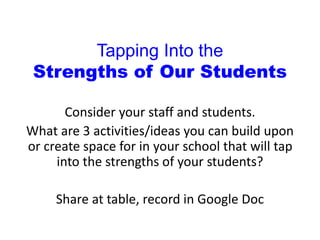 Tapping Into the
Strengths of Our Students
Consider your staff and students.
What are 3 activities/ideas you can build upon
or create space for in your school that will tap
into the strengths of your students?
Share at table, record in Google Doc
 