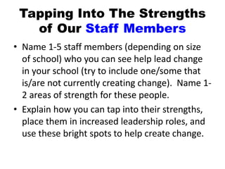 Tapping Into The Strengths
of Our Staff Members
• Name 1-5 staff members (depending on size
of school) who you can see help lead change
in your school (try to include one/some that
is/are not currently creating change). Name 1-
2 areas of strength for these people.
• Explain how you can tap into their strengths,
place them in increased leadership roles, and
use these bright spots to help create change.
 
