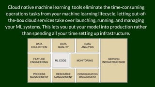 Cloud native machine learning tools eliminate the time-consuming
operations tasks from your machine learning lifecycle, letting out-of-
the-box cloud services take over launching, running, and managing
your ML systems. This lets you put your model into production rather
than spending all your time setting up infrastructure.
 