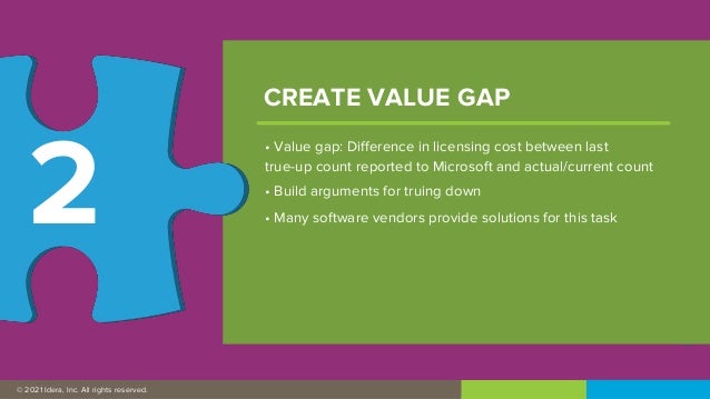 © 2019 IDERA, Inc. All rights reserved.
© 2021 Idera, Inc. All rights reserved.
• Value gap: Difference in licensing cost between last
true-up count reported to Microsoft and actual/current count
• Build arguments for truing down
• Many software vendors provide solutions for this task
CREATE VALUE GAP
2
 