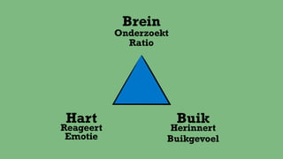 Hart
Brein
Buik
HerinnertReageert
Onderzoekt
Ratio
Emotie Buikgevoel
 