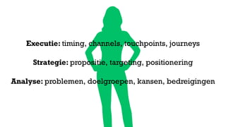 Analyse: problemen, doelgroepen, kansen, bedreigingen
Strategie: propositie, targeting, positionering
Executie: timing, channels, touchpoints, journeys
 