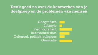 Geograﬁsch
Lifestyle
Psychograﬁsch
Behavioural data
Cultureel, politiek, religieus
Generatie
Denk goed na over de kenmerken van je
doelgroep en de problemen van mensen
 