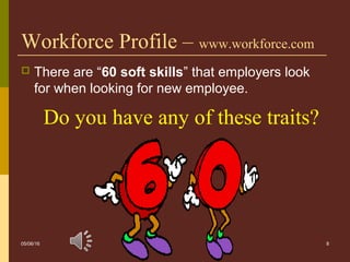 8
Workforce Profile – www.workforce.com
 There are “60 soft skills” that employers look
for when looking for new employee.
Do you have any of these traits?
05/06/16
 