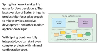 Spring Framework makes life
easier for Java developers. The
latest version of Spring brings its
productivity-focused appro...