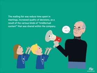 The mailing list was reduce time spent in
meetings, increased quality of decisions, as a
result of the various kinds of “intellectual
content” that was shared within the company.
!

www.piethis.com

 