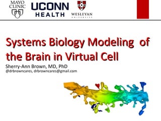 Systems Biology Modeling ofSystems Biology Modeling of
the Brain in Virtual Cellthe Brain in Virtual Cell
Sherry-Ann Brown, MD, PhD
@drbrowncares, drbrowncares@gmail.com
 