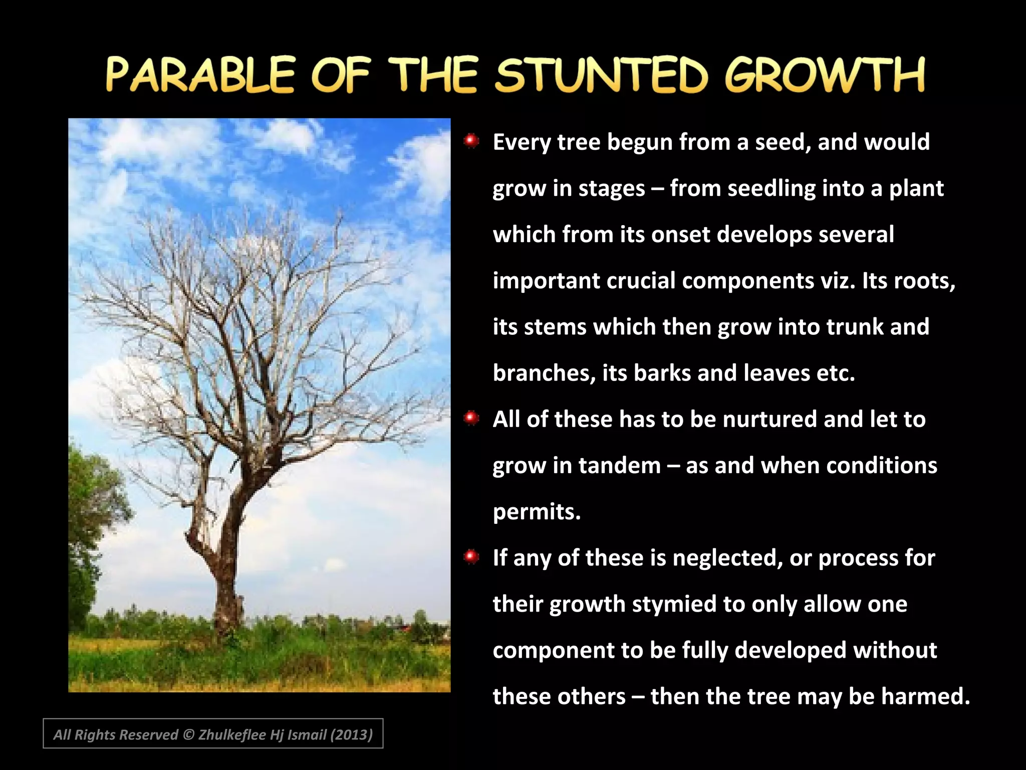 All Rights Reserved © Zhulkeflee Hj Ismail (2013))
Every tree begun from a seed, and wouldEvery tree begun from a seed, and would
grow in stages – from seedling into a plantgrow in stages – from seedling into a plant
which from its onset develops severalwhich from its onset develops several
important crucial components viz. Its roots,important crucial components viz. Its roots,
its stems which then grow into trunk andits stems which then grow into trunk and
branches, its barks and leaves etc.branches, its barks and leaves etc.
All of these has to be nurtured and let toAll of these has to be nurtured and let to
grow in tandem – as and when conditionsgrow in tandem – as and when conditions
permits.permits.
If any of these is neglected, or process forIf any of these is neglected, or process for
their growth stymied to only allow onetheir growth stymied to only allow one
component to be fully developed withoutcomponent to be fully developed without
these others – then the tree may be harmed.these others – then the tree may be harmed.
 