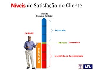 Níveis de Satisfação do Cliente
Níveis de
Entrega do Vendedor

Encantado

CLIENTE

EXPECTATIVAS

Satisfeito Temporária

Insatisfeito ou Decepcionado

 