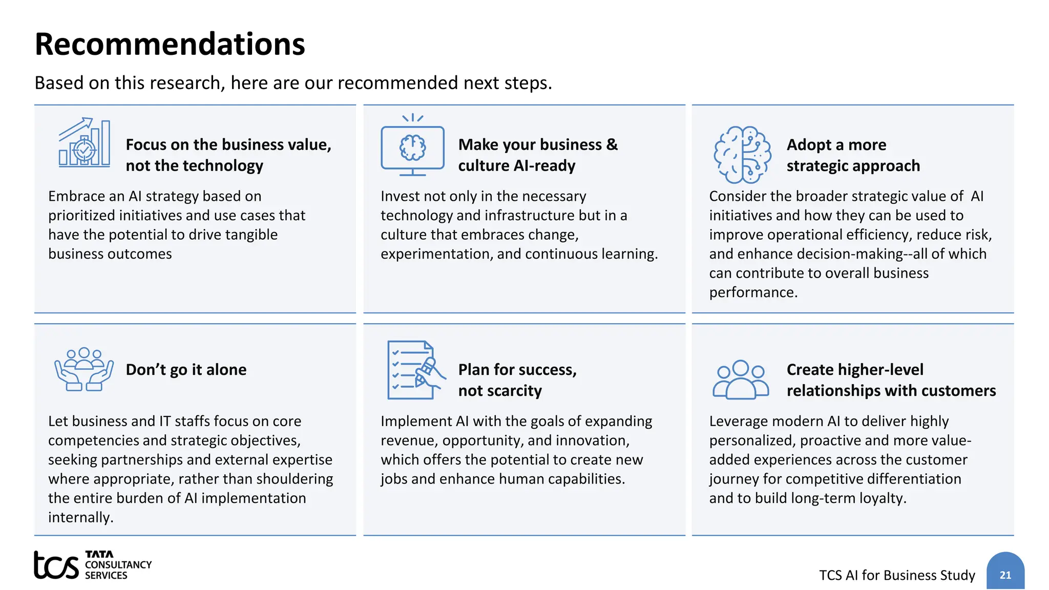 21
TCS AI for Business Study
Recommendations
Embrace an AI strategy based on
prioritized initiatives and use cases that
have the potential to drive tangible
business outcomes
Focus on the business value,
not the technology
Invest not only in the necessary
technology and infrastructure but in a
culture that embraces change,
experimentation, and continuous learning.
Make your business &
culture AI-ready
Consider the broader strategic value of AI
initiatives and how they can be used to
improve operational efficiency, reduce risk,
and enhance decision-making--all of which
can contribute to overall business
performance.
Adopt a more
strategic approach
Let business and IT staffs focus on core
competencies and strategic objectives,
seeking partnerships and external expertise
where appropriate, rather than shouldering
the entire burden of AI implementation
internally.
Don’t go it alone
Implement AI with the goals of expanding
revenue, opportunity, and innovation,
which offers the potential to create new
jobs and enhance human capabilities.
Plan for success,
not scarcity
Leverage modern AI to deliver highly
personalized, proactive and more value-
added experiences across the customer
journey for competitive differentiation
and to build long-term loyalty.
Create higher-level
relationships with customers
Based on this research, here are our recommended next steps.
 