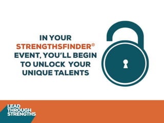 IN YOUR
STRENGTHSFINDER®
EVENT, YOU’LL BEGIN
TO UNLOCK YOUR
UNIQUE TALENTS
 