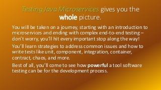 Testing Java Microservices gives you the
whole picture.
You will be taken on a journey, starting with an introduction to
m...