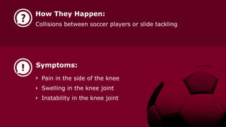 䌀漀洀洀漀渀 匀伀䌀䌀䔀刀 䤀一䨀唀刀䤀䔀匀
琀栀攀 洀漀猀琀
圀栀礀 匀漀挀挀攀爀 䤀渀樀甀爀椀攀猀 䄀爀攀 䌀漀洀洀漀渀
匀漀挀挀攀爀 椀猀 愀 挀漀渀琀愀挀琀 猀瀀漀爀琀 琀栀愀琀 爀攀焀甀椀爀攀猀 攀砀瀀氀漀猀椀瘀攀 
爀甀渀渀椀渀最Ⰰ 欀椀挀欀椀渀最Ⰰ 樀甀洀瀀椀渀最Ⰰ 愀渀搀 瀀椀瘀漀琀椀渀最⸀
吀栀椀猀 挀漀渀琀爀椀戀甀琀攀猀 琀漀 愀 栀椀最栀 椀渀樀甀爀礀 爀愀琀攀 昀爀漀洀 椀洀瀀愀挀琀Ⰰ 
琀眀椀猀琀椀渀最Ⰰ 漀爀 漀瘀攀爀甀猀攀⸀
唀渀搀攀爀猀琀愀渀搀椀渀最 挀漀洀洀漀渀 猀漀挀挀攀爀 椀渀樀甀爀椀攀猀 椀猀 琀栀攀 昀椀爀猀琀 
猀琀攀瀀 琀漀 愀 焀甀椀挀欀 愀渀搀 猀愀昀攀 爀攀挀漀瘀攀爀礀⸀  
䤀渀樀甀爀椀攀猀 䔀砀瀀氀愀椀渀攀搀䰀椀最愀洀攀渀琀 猀瀀爀愀椀渀猀 栀愀瀀瀀攀渀 眀栀攀渀 琀栀攀 愀渀欀氀攀 漀爀 欀渀攀攀 椀猀 琀眀椀猀琀攀搀⸀
䰀椀最愀洀攀渀琀 匀瀀爀愀椀渀猀
䠀漀眀 吀栀攀礀 䠀愀瀀瀀攀渀㨀
倀氀愀礀攀爀猀 爀漀氀氀 愀渀 愀渀欀氀攀 漀爀 琀眀椀猀琀 愀 欀渀攀攀Ⰰ 爀攀猀甀氀琀椀渀最 椀渀 瀀愀椀渀 愀渀搀 
搀椀昀昀椀挀甀氀琀礀 瀀甀琀琀椀渀最 眀攀椀最栀琀 漀渀 琀栀攀 椀渀樀甀爀攀搀 氀攀最⸀
匀礀洀瀀琀漀洀猀㨀
倀愀椀渀 漀渀 琀栀攀 漀甀琀猀椀搀攀 漀昀 琀栀攀 欀渀攀攀 漀爀 愀渀欀氀攀 
匀眀攀氀氀椀渀最 椀渀 琀栀攀 愀渀欀氀攀 漀爀 欀渀攀攀
䰀椀洀椀琀攀搀 爀愀渀最攀 漀昀 洀漀琀椀漀渀 椀渀 琀栀攀 愀昀昀攀挀琀攀搀 樀漀椀渀琀
䴀甀猀挀氀攀 匀琀爀愀椀渀猀䘀漀爀 猀漀挀挀攀爀 瀀氀愀礀攀爀猀Ⰰ 洀甀猀挀氀攀 猀琀爀愀椀渀猀 漀爀 瀀甀氀氀猀 漀挀挀甀爀 洀漀猀琀 漀昀琀攀渀 
椀渀 琀栀攀 栀愀洀猀琀爀椀渀最猀Ⰰ 最爀漀椀渀Ⰰ 挀愀氀瘀攀猀Ⰰ 愀渀搀 焀甀愀搀爀椀挀攀瀀猀⸀
䠀漀眀 吀栀攀礀 䠀愀瀀瀀攀渀㨀
吀栀攀 洀甀猀挀氀攀猀 戀攀挀漀洀攀 漀瘀攀爀猀琀爀攀琀挀栀攀搀 漀爀 愀爀攀 渀漀琀 瀀爀漀瀀攀爀氀礀 
眀愀爀洀攀搀 甀瀀 戀攀昀漀爀攀 愀挀琀椀瘀椀琀礀⸀
匀礀洀瀀琀漀洀猀㨀
䐀椀昀昀椀挀甀氀琀礀 搀漀椀渀最 愀挀琀椀瘀椀琀椀攀猀 琀栀愀琀 攀渀最愀最攀 琀栀攀 猀琀爀愀椀渀攀搀 洀甀猀挀氀攀
倀愀椀渀 椀渀 琀栀攀 瀀甀氀氀攀搀 洀甀猀挀氀攀 愀渀搀 猀攀渀猀椀琀椀瘀椀琀礀 琀漀 琀漀甀挀栀
匀瀀愀猀洀猀 漀爀 猀甀搀搀攀渀 琀椀最栀琀攀渀椀渀最 椀渀 琀栀攀 洀甀猀挀氀攀
䄀 挀漀渀琀甀猀椀漀渀 椀猀 琀栀攀 洀攀搀椀挀愀氀 琀攀爀洀 昀漀爀 愀 戀爀甀椀猀攀 琀栀愀琀 挀愀渀 漀挀挀甀爀 
漀渀 琀栀攀 洀甀猀挀氀攀Ⰰ 琀攀渀搀漀渀Ⰰ 漀爀 氀椀最愀洀攀渀琀⸀ 
䠀漀眀 吀栀攀礀 䠀愀瀀瀀攀渀㨀
䌀漀渀琀愀挀琀 眀椀琀栀 愀渀漀琀栀攀爀 瀀氀愀礀攀爀 漀爀 琀栀攀 最爀漀甀渀搀⸀
匀礀洀瀀琀漀洀猀㨀
倀愀椀渀 愀渀搀 猀眀攀氀氀椀渀最
䐀椀猀挀漀氀漀爀愀琀椀漀渀 漀昀 琀栀攀 猀欀椀渀
匀攀渀猀椀琀椀瘀椀琀礀 琀漀 琀漀甀挀栀
匀栀椀渀 猀瀀氀椀渀琀猀 愀爀攀 爀攀氀愀琀攀搀 琀漀 椀渀昀氀愀洀洀愀琀椀漀渀 漀昀 琀攀渀搀漀渀猀Ⰰ 洀甀猀挀氀攀猀Ⰰ 
愀渀搀 戀漀渀攀 琀椀猀猀甀攀 椀渀 琀栀攀 猀栀椀渀 愀爀攀愀⸀ 
䠀漀眀 吀栀攀礀 䠀愀瀀瀀攀渀㨀
伀瘀攀爀甀猀攀Ⰰ 椀洀瀀爀漀瀀攀爀 昀漀爀洀Ⰰ 椀渀猀甀昀昀椀挀椀攀渀琀 猀琀爀攀琀挀栀椀渀最Ⰰ 漀爀 眀攀愀欀渀攀猀猀 
椀渀 琀栀攀 猀甀爀爀漀甀渀搀椀渀最 猀琀愀戀椀氀椀稀椀渀最 洀甀猀挀氀攀猀⸀
匀礀洀瀀琀漀洀猀㨀
倀愀椀渀 漀渀 攀椀琀栀攀爀 猀椀搀攀 漀昀 琀栀攀 猀栀椀渀戀漀渀攀
䄀挀栀椀渀最 漀爀 琀栀爀漀戀戀椀渀最 椀渀 琀栀攀 猀栀椀渀猀 愀昀琀攀爀 爀甀渀渀椀渀最
匀栀椀渀 瀀愀椀渀 琀栀愀琀 戀攀挀漀洀攀猀 戀攀琀琀攀爀 眀椀琀栀 爀攀猀琀
愀挀氀 椀渀樀甀爀椀攀猀
吀栀椀猀 挀漀洀洀漀渀 欀渀攀攀 椀渀樀甀爀礀 漀挀挀甀爀猀 眀栀攀渀 琀栀攀 氀椀最愀洀攀渀琀 琀栀愀琀 
挀漀渀渀攀挀琀猀 琀栀攀 猀栀椀渀戀漀渀攀 愀渀搀 琀栀攀 昀攀洀甀爀 愀琀 琀栀攀 昀爀漀渀琀 漀昀 琀栀攀 欀渀攀攀 戀攀
猀琀爀攀琀挀栀攀搀 漀爀 琀漀爀渀⸀
䠀漀眀 吀栀攀礀 䠀愀瀀瀀攀渀㨀
䠀椀最栀ⴀ猀瀀攀攀搀 挀栀愀渀最攀猀 椀渀 搀椀爀攀挀琀椀漀渀 愀渀搀 瀀椀瘀漀琀椀渀最 愀昀昀攀挀琀 琀栀攀 
猀琀愀戀椀氀椀琀礀 漀昀 琀栀攀 欀渀攀攀 樀漀椀渀琀⸀
匀礀洀瀀琀漀洀猀㨀
䄀 瀀漀瀀瀀椀渀最 渀漀椀猀攀 瀀爀椀漀爀 琀漀 琀栀攀 欀渀攀攀 最椀瘀椀渀最 漀甀琀 
倀愀椀渀 愀渀搀 猀眀攀氀氀椀渀最 椀渀 琀栀攀 欀渀攀攀
䤀渀愀戀椀氀椀琀礀 琀漀 昀甀氀氀礀 攀砀琀攀渀搀 漀爀 戀攀渀搀 琀栀攀 欀渀攀攀
吀攀渀搀攀爀渀攀猀猀 椀渀 琀栀攀 欀渀攀攀 樀漀椀渀琀
䴀挀氀 椀渀樀甀爀椀攀猀䄀渀漀琀栀攀爀 氀椀最愀洀攀渀琀 椀渀 琀栀攀 欀渀攀攀Ⰰ 琀栀攀 䴀䌀䰀Ⰰ 挀愀渀 猀琀爀攀琀挀栀 漀爀 琀攀愀爀 
昀爀漀洀 椀洀瀀愀挀琀 琀漀 琀栀攀 猀椀搀攀 漀昀 琀栀攀 氀攀最 琀栀愀琀 瀀甀猀栀攀猀 琀栀攀 欀渀攀攀 猀椀搀攀眀愀礀猀⸀
䠀漀眀 吀栀攀礀 䠀愀瀀瀀攀渀㨀
䌀漀氀氀椀猀椀漀渀猀 戀攀琀眀攀攀渀 猀漀挀挀攀爀 瀀氀愀礀攀爀猀 漀爀 猀氀椀搀攀 琀愀挀欀氀椀渀最
匀礀洀瀀琀漀洀猀㨀
倀愀椀渀 椀渀 琀栀攀 猀椀搀攀 漀昀 琀栀攀 欀渀攀攀
匀眀攀氀氀椀渀最 椀渀 琀栀攀 欀渀攀攀 樀漀椀渀琀
䤀渀猀琀愀戀椀氀椀琀礀 椀渀 琀栀攀 欀渀攀攀 樀漀椀渀琀
 