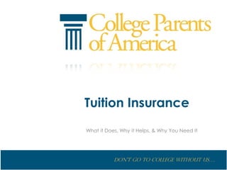 Don’t go to College without us….
Tuition Insurance
What it Does, Why it Helps, & Why You Need It
 