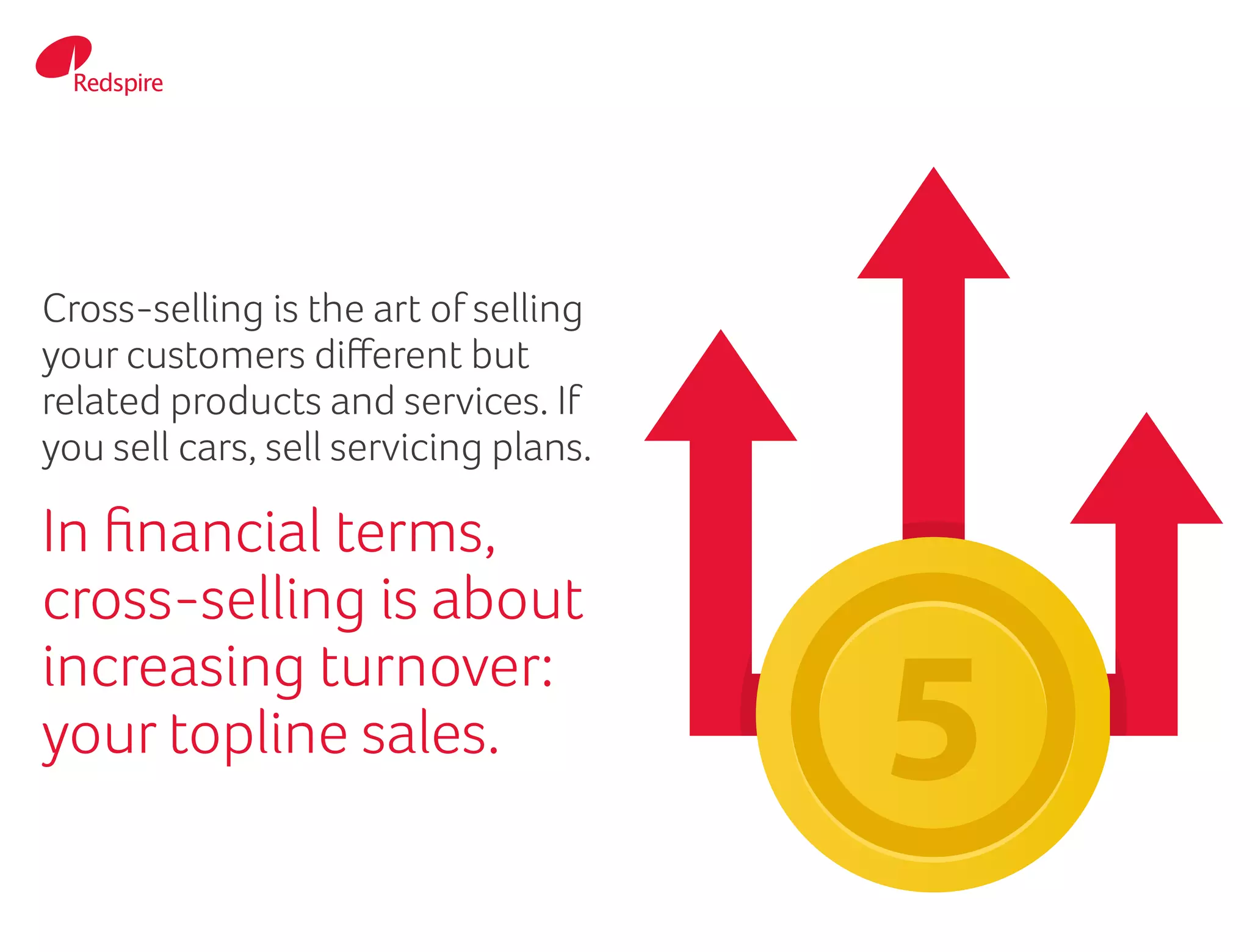Cross-selling is the art of selling
your customers different but
related products and services. If
you sell cars, sell servicing plans.
In financial terms,
cross-selling is about
increasing turnover:
your topline sales.
 