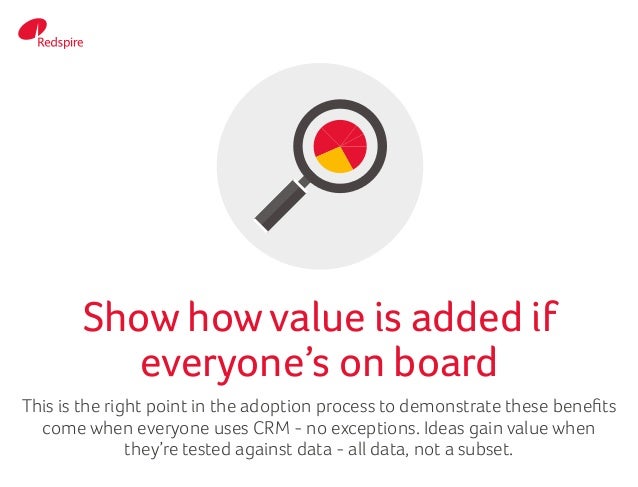 This is the right point in the adoption process to demonstrate these benefits
come when everyone uses CRM - no exceptions....