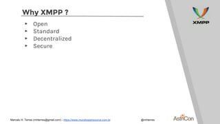 Why XMPP ?
▸ Open
▸ Standard
▸ Decentralized
▸ Secure
Marcelo H. Terres (mhterres@gmail.com) - https://www.mundoopensource.com.br @mhterres
 