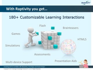 180+ Customizable Learning Interactions
With Raptivity you get…
Games
Simulations
Multi-device Support
Assessments
Presentation Aids
HTML5
Flash
Brainteasers
 