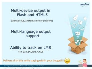 Ability to track on LMS
(Tin Can, SCORM, AICC)
Multi-device output in
Flash and HTML5
(Works on iOS, Android and other platforms)
Delivers all of this while staying within your budget!!!
Multi-language output
support
 