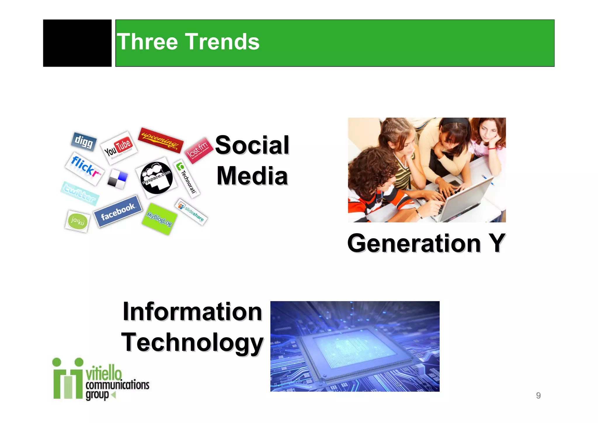 Three Trends



        Social
        Media

                 Generation Y

Information
Technology
                                9
 