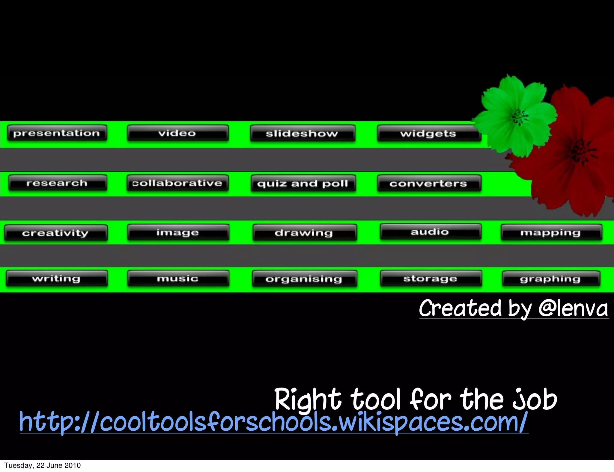 Created by @lenva



                         Right tool for the job
    http://cooltoolsforschools.wikispaces.com/
Tuesday, 22 June 2010
 