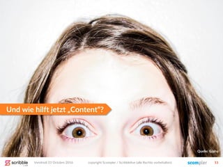 Und wie hilft jetzt „Content“?
Vendredi 21 Octobre 2016 copyright Scompler / Scribblelive (alle Rechte vorbehalten) 11
Quelle: Giphy
 